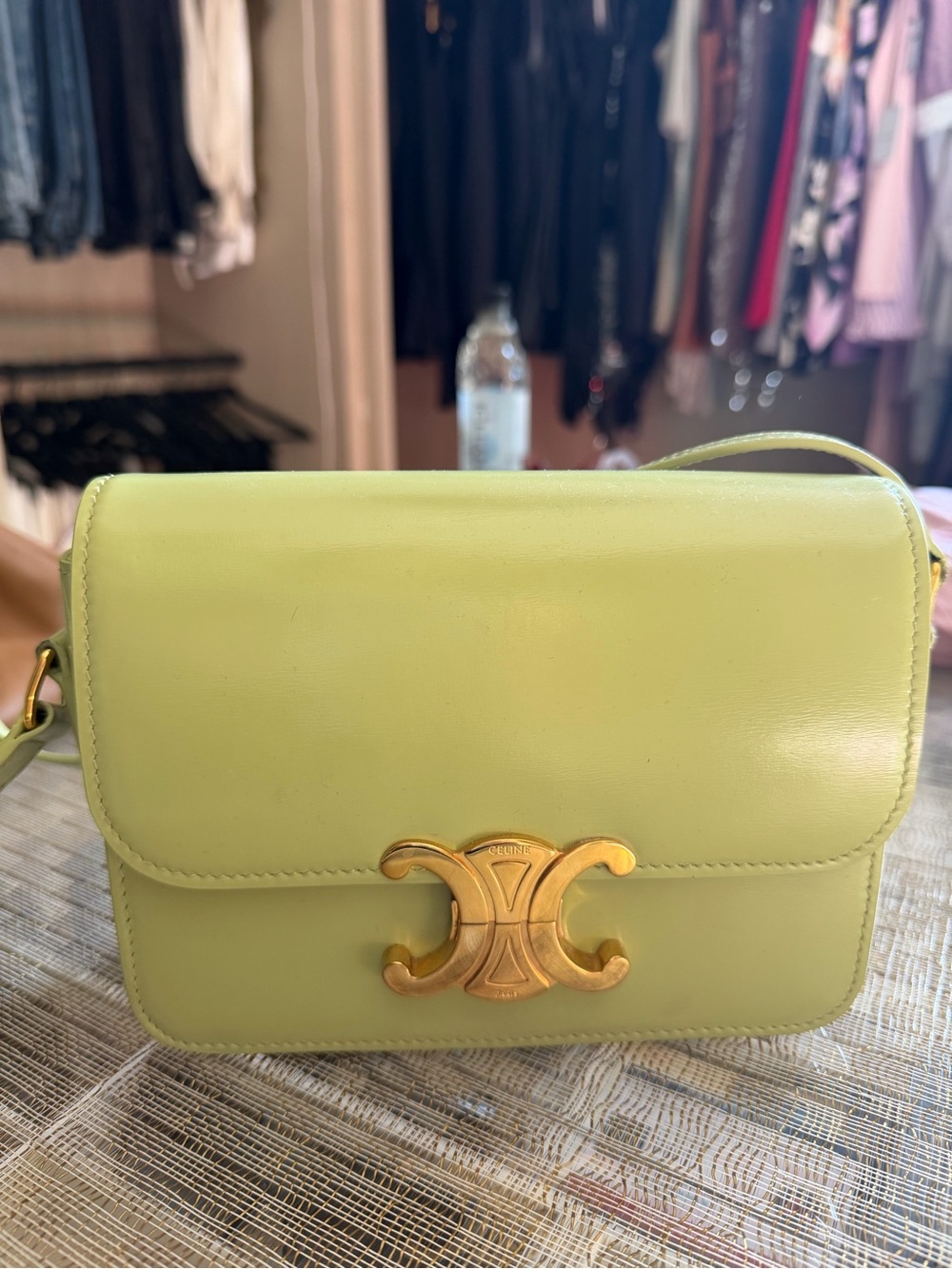 Celine Lime Green Leather Triomphe Crossbody with Gold Hardware